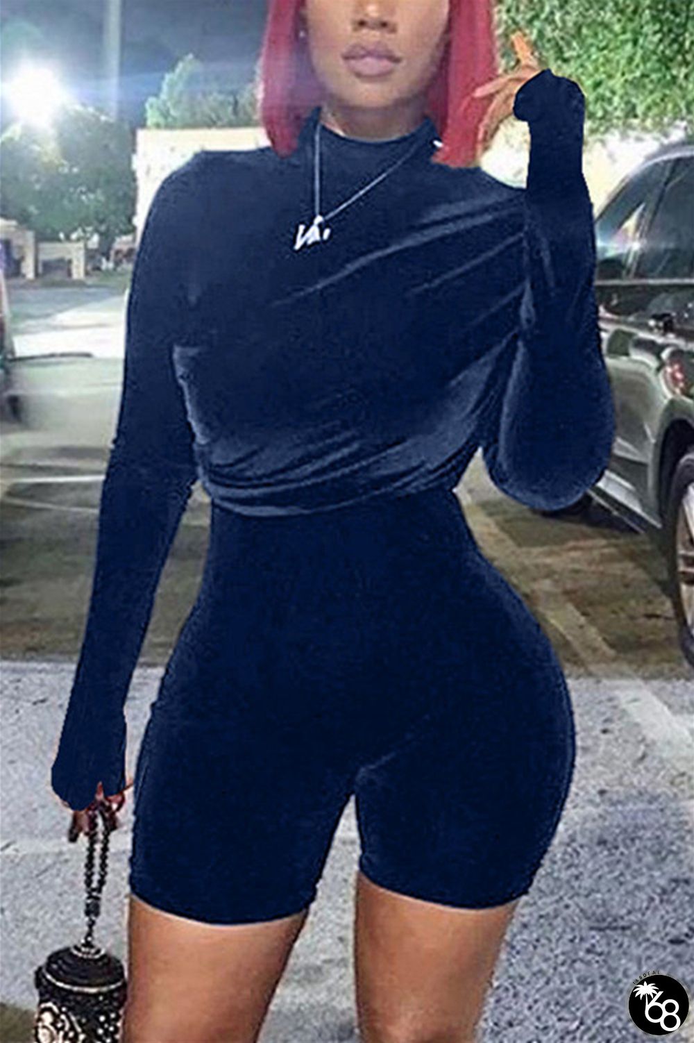 Navy Blue Sexy Party Flocking Solid Fold Turtleneck Skinny Rompers | 168DEAL