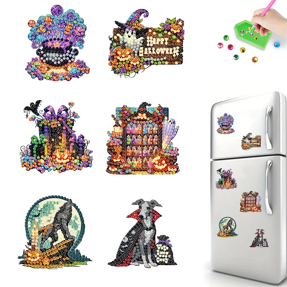 6Pcs DIY Halloween Elements Special Shape Diamond Painting Fridge Stickers for Home Decor