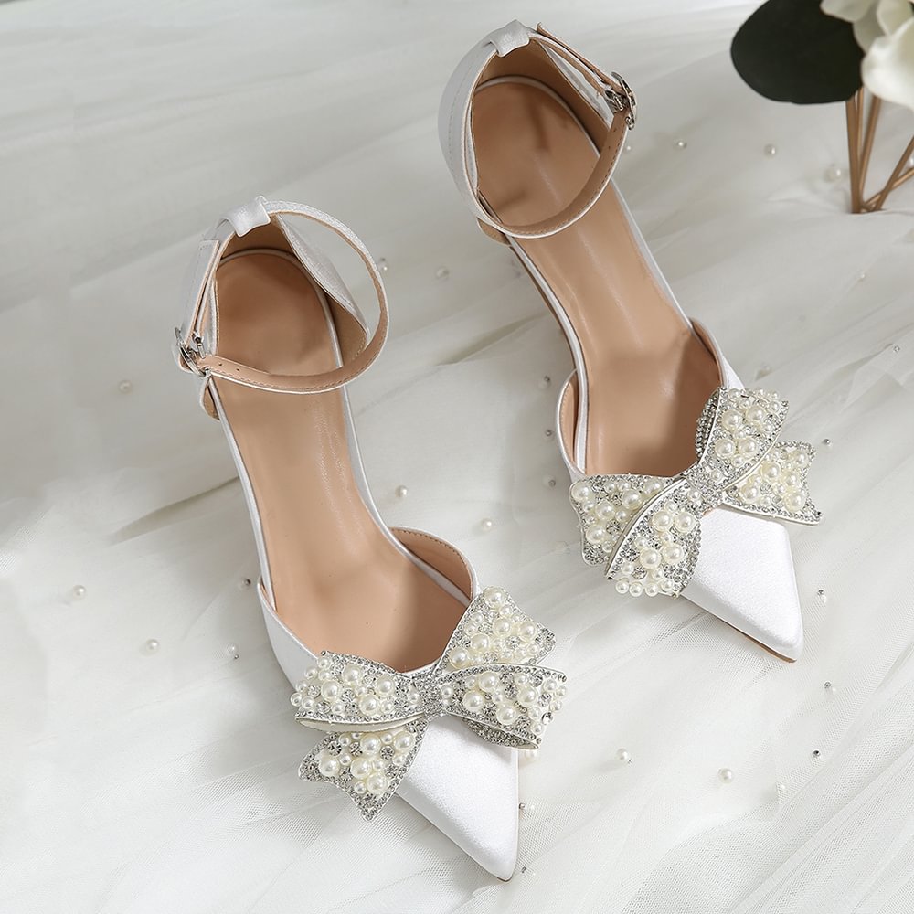 White Leather Pointed Toe Pumps With Pearl Bow Ankle Strap Stiletto Heels Nicepairs