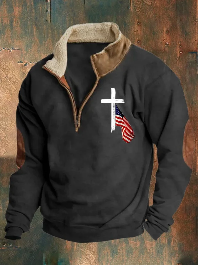Men'S Retro Faith Print Zipper Stand Collar Sweatshirt