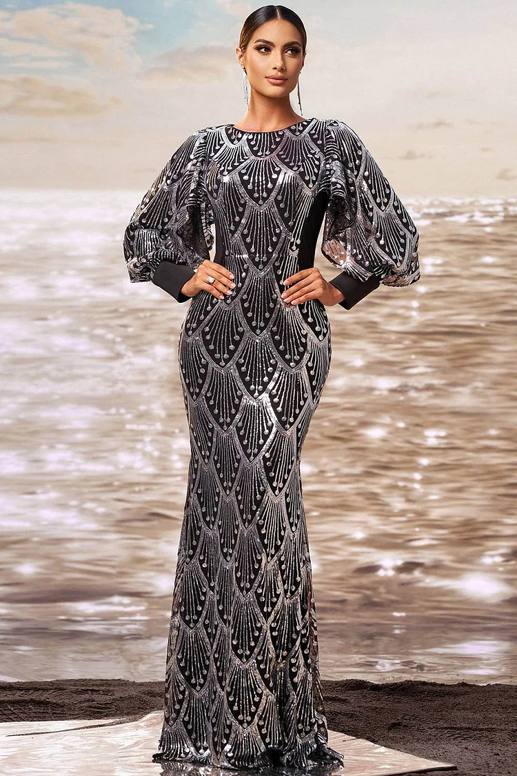 Sequin Puff Sleeve Mermaid Maxi Dress-Black Silver