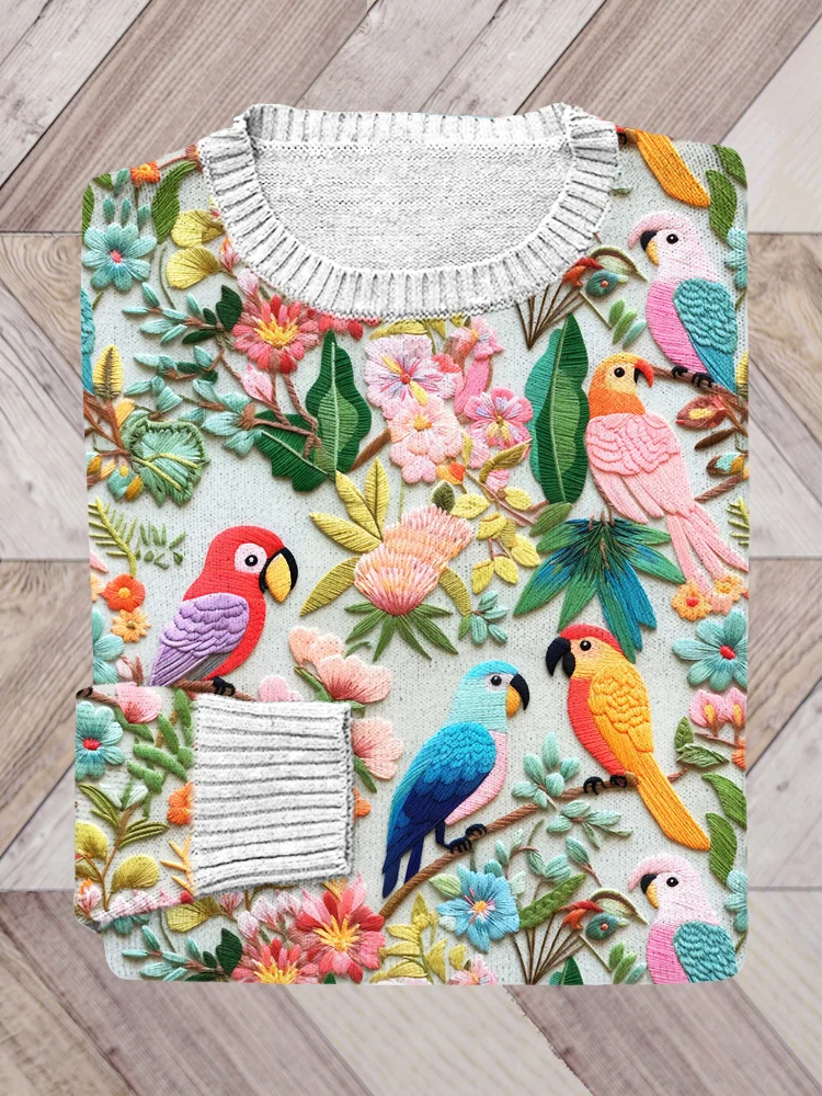 Bird and Flower Embroidery Cozy Knit Sweater