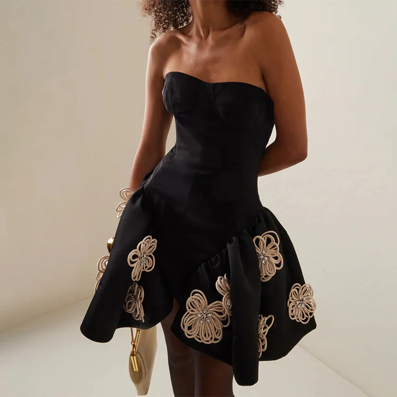 Brownm 2025 Spring New Dress Elegant Fashion Style Spliced Three-Dimensional Flowers Fluffy Skirt Woman