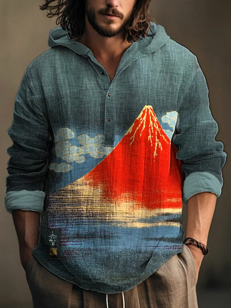 Japanese Art Mount Fuji Print Linen Blend Vintage Hooded