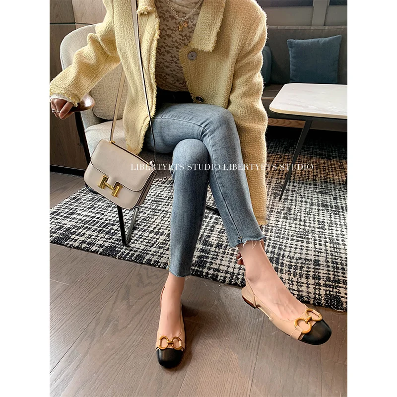 Breakj Breakj Show Temperament! Metal Buckle Small Fragrant Wind Bag Head Sandals Women Flat Bottom French Retro Color After Empty Single Shoe Tide
