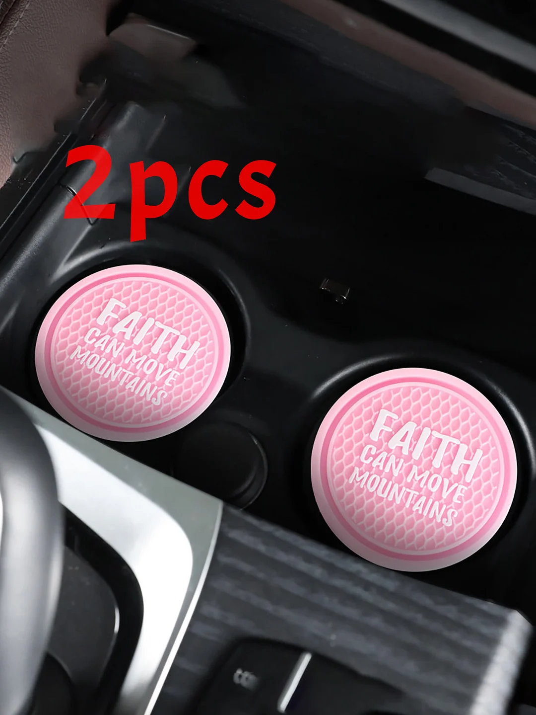 2pcs pink silicone car coasters, "faith can move mountains" cute creative coasters, non-slip waterproof car coasters, general purpose models