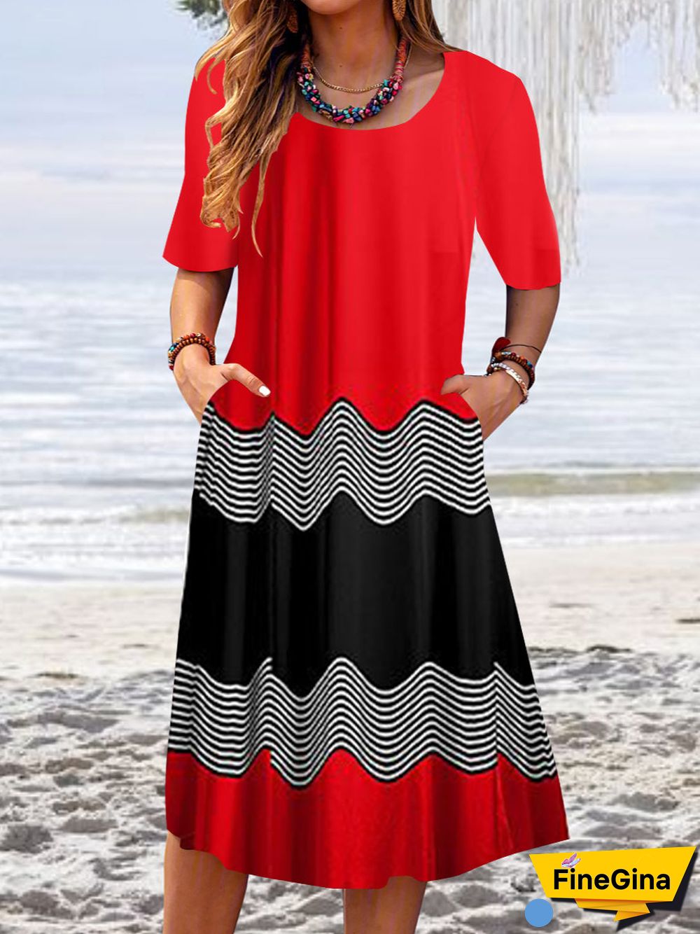 Women Short Sleeve Scoop Neck Stitching Midi Dress