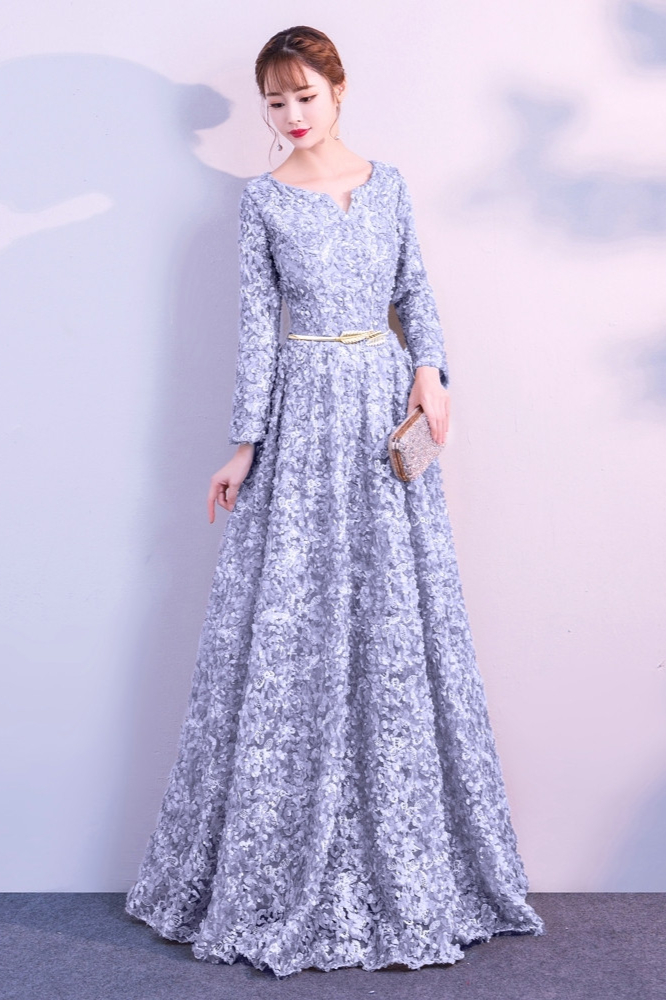 Elegant Short Or Long Sleeves Lace Evening Gowns Online Zipper Back With Belt