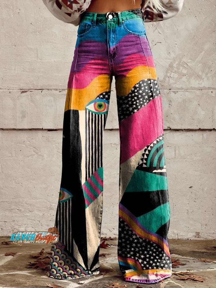 Women’s Vintage Print Casual Wide Leg Pants Multicolor / S