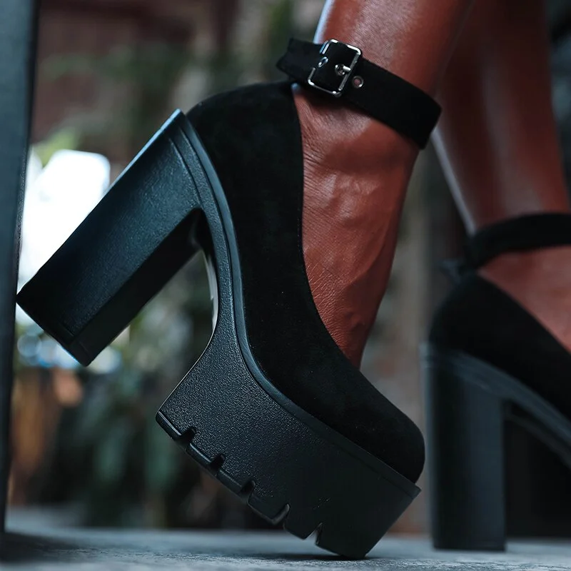 Qengg Autumn Womens Chunky Block High Heel Platform Shoes Ankle Strap Buckle Pumps Gothic Punk Shoes For Model Nightclub