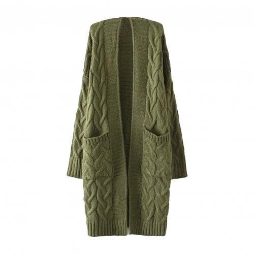 Women Autumn Winter Pockets Cardigan Long Sleeve Twist Knitted Mid-length Coat 2021
