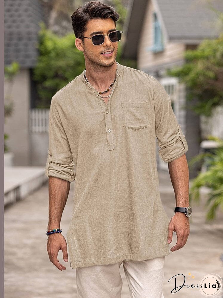 Linen Henley Long Sleeve Shirts with Pocket (US Only)