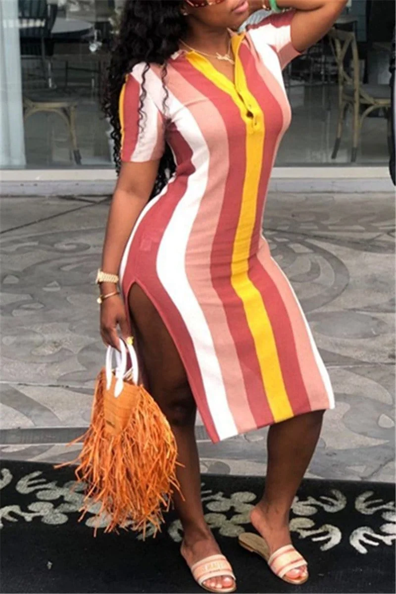 Fashion Rainbow Stripe Split Dress