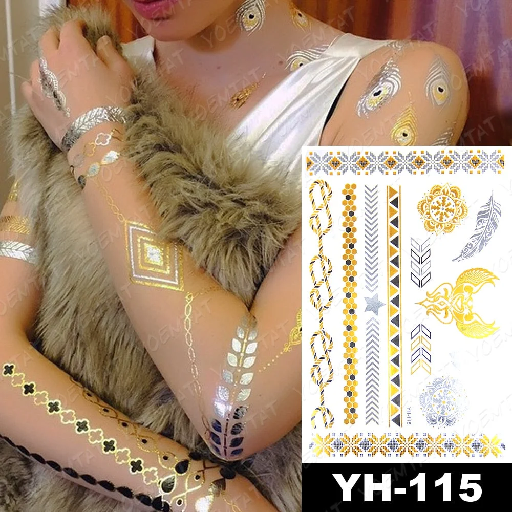 Waterproof Temporary Tattoo Sticker Gold Silver Henna Indian Hand Painted Glitter Tattoos Women Mandala Flower Feather Body Art