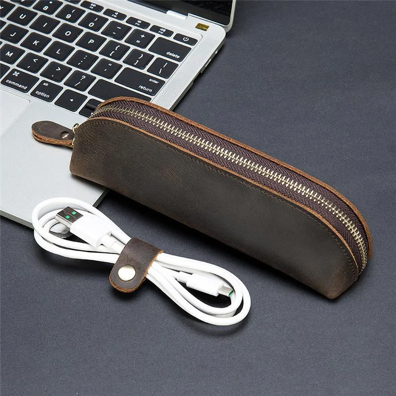 Genuine Leather Zippered Main Compartment Mobile Office Pencil USB Pouch Protection Bag
