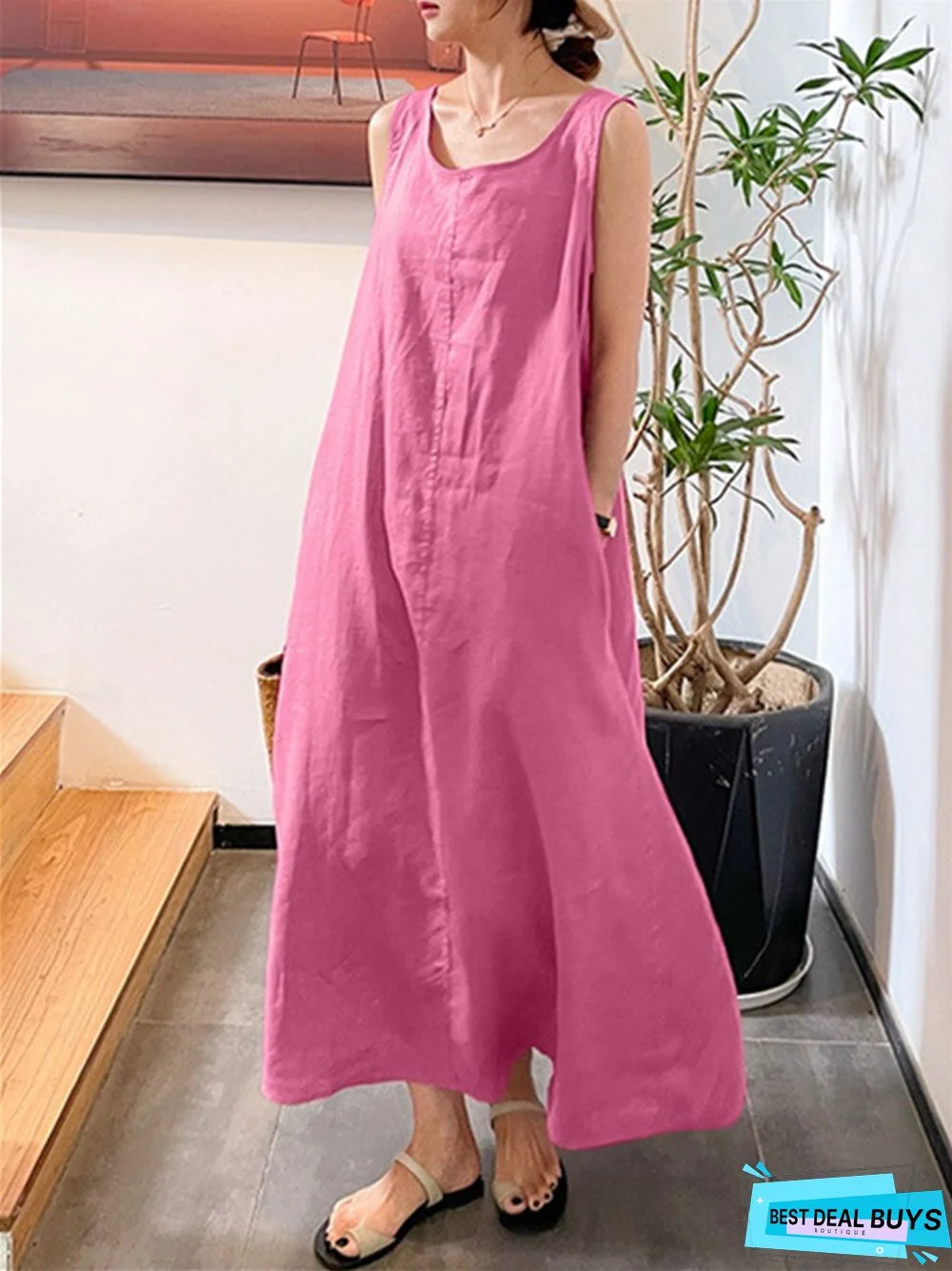 Long Suspender Cotton Linen Simple Style Loose Pocket Round Neck Temperament Sleeveless Dress