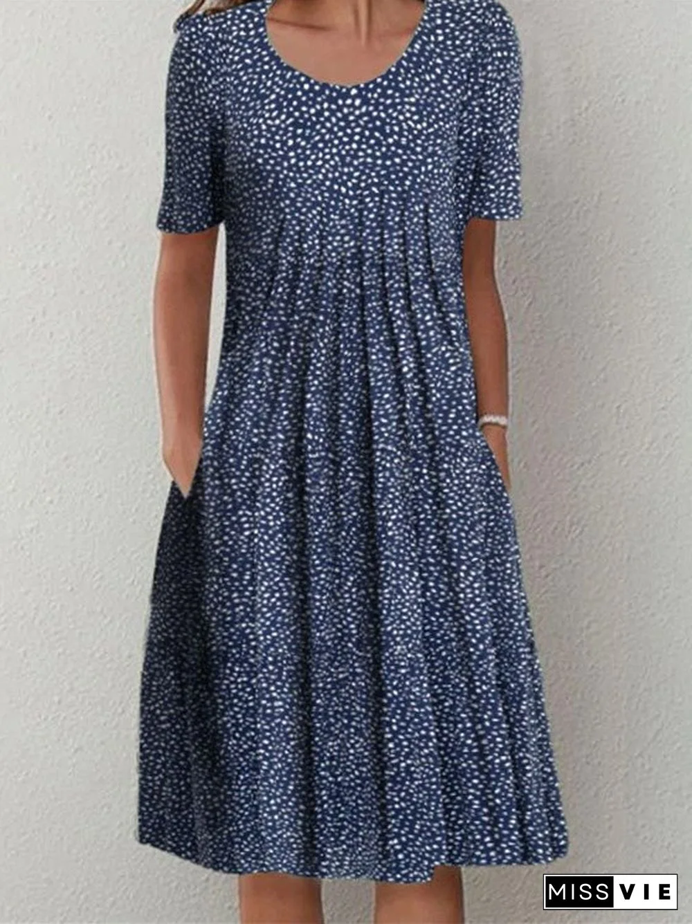 Women'S Dresses Polka Dot Print Crew Neck Pocket Midi Dress