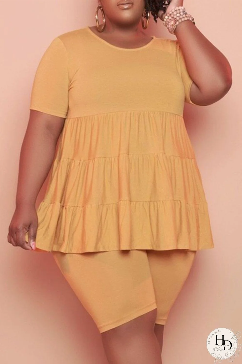 Yellow Fashion Casual Solid Basic O Neck Plus Size Two Pieces