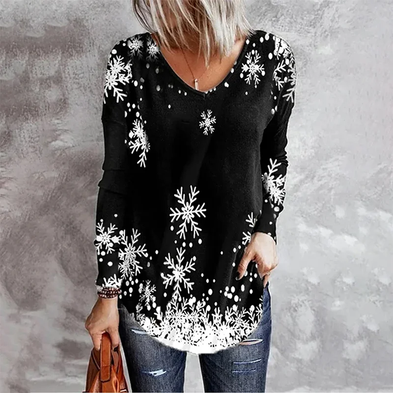 Christmas Snowflakes Printed Casual V-neck Long Sleeve T-shirt