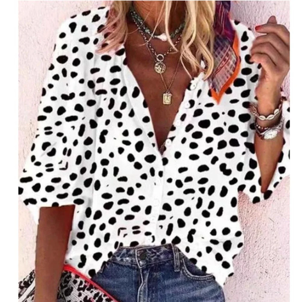 Women Polka Dot Shirts Fashion Half Sleeve Button Down V-Neck Blouse Elegant Fashion Lady Loose Tops Plus Size Female Shirt 3XL