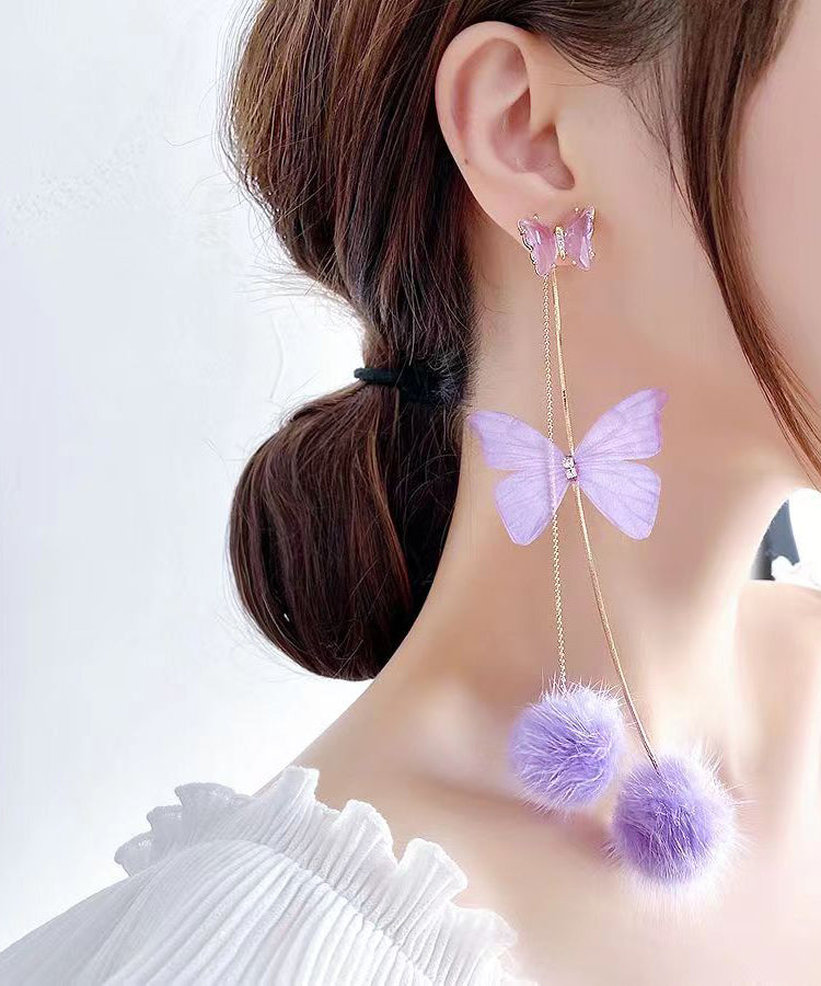 VCSHOES Purple Overgild Crystal Mink Hair Butterfly Tassel Drop Earrings