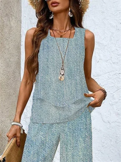 Women's Sleeveless Square Collar Graphic Printed Casual Set