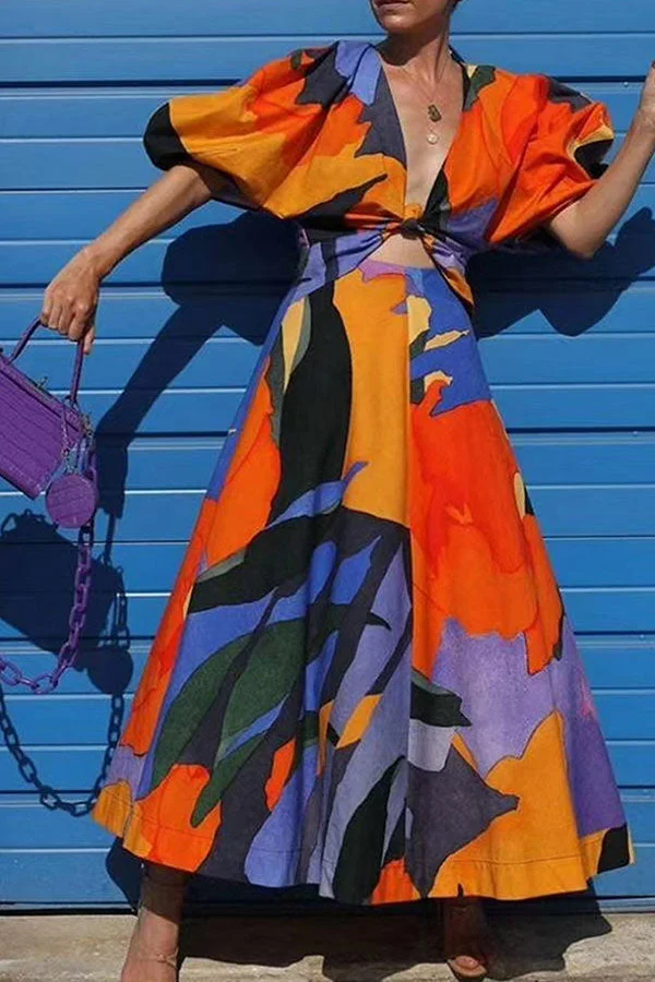 Colorful Graphic Print Knotted Detail Cutout Midi Dress
