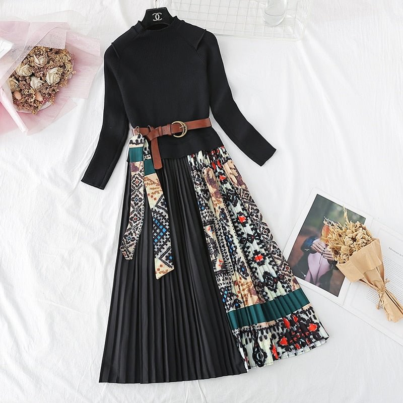 Elegnat Women's Knitted Patchwork Printing Pleated Dress Autumn Fashion Long Sleeve O Neck Belt Midi Dresses