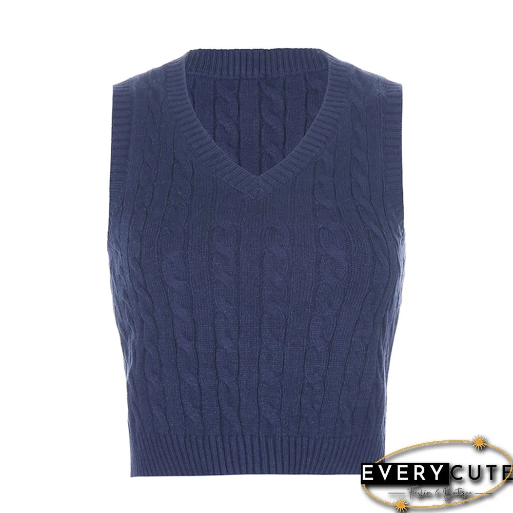 Navy Blue V Neck British Style Tank Sweater