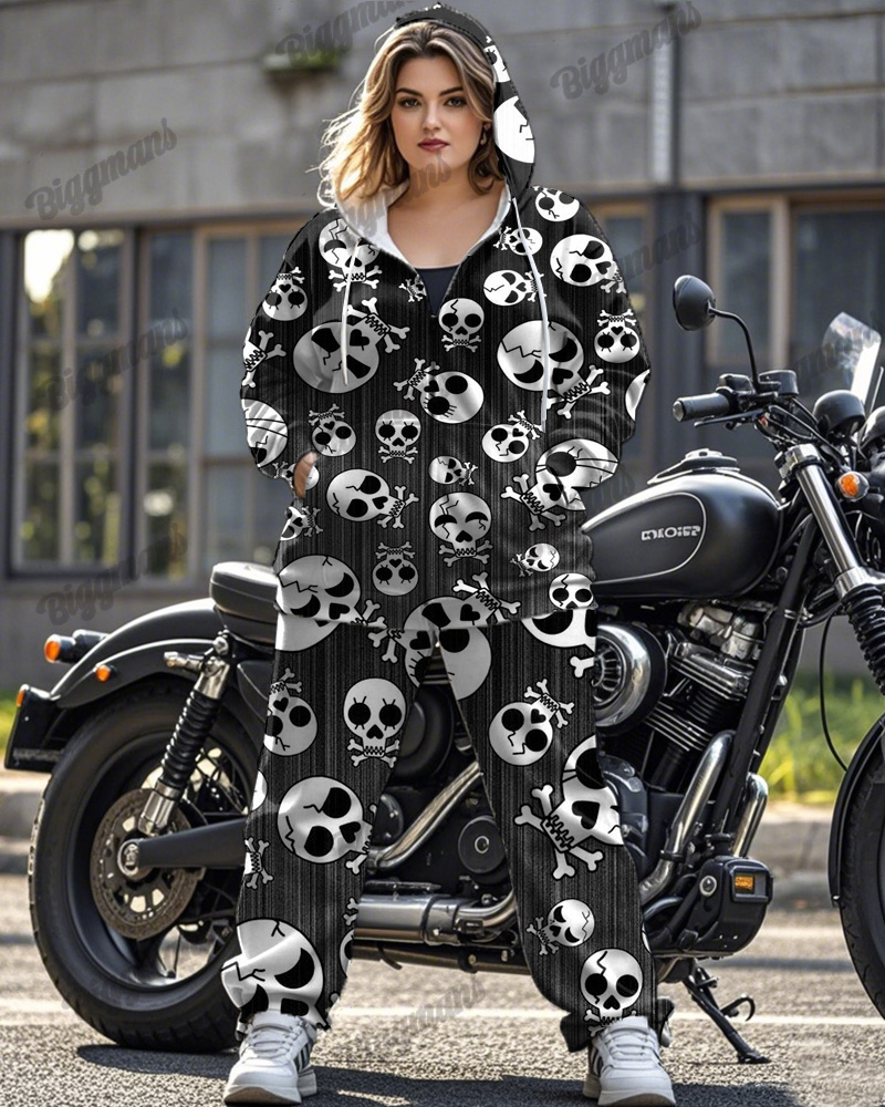 Skeleton Individual Print Plus Size Long Sleeve Zipper Hoodie Set