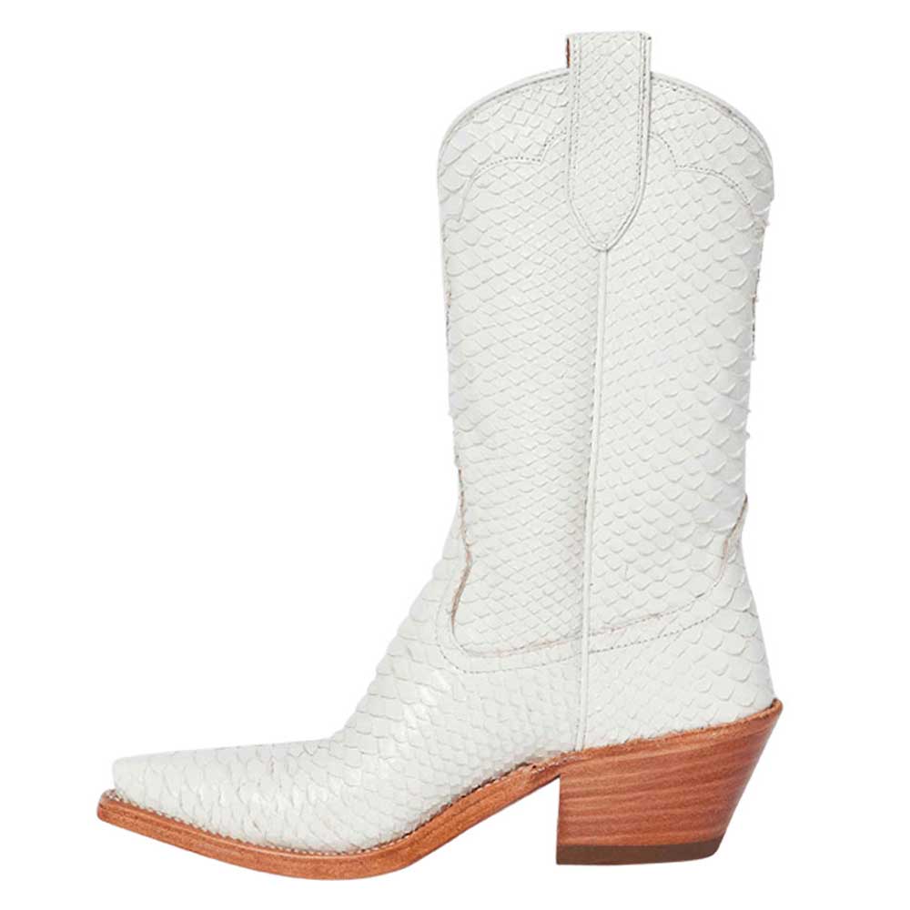 White Python Embossed Pointed Toe Chunky Heel Mid-Calf Cowgirl Boots Nicepairs