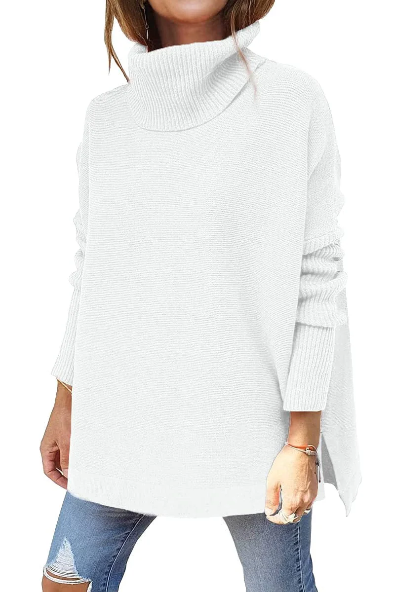 High Neck Bat Wing Sleeve Split Hem Waistband Pullover Sweater
