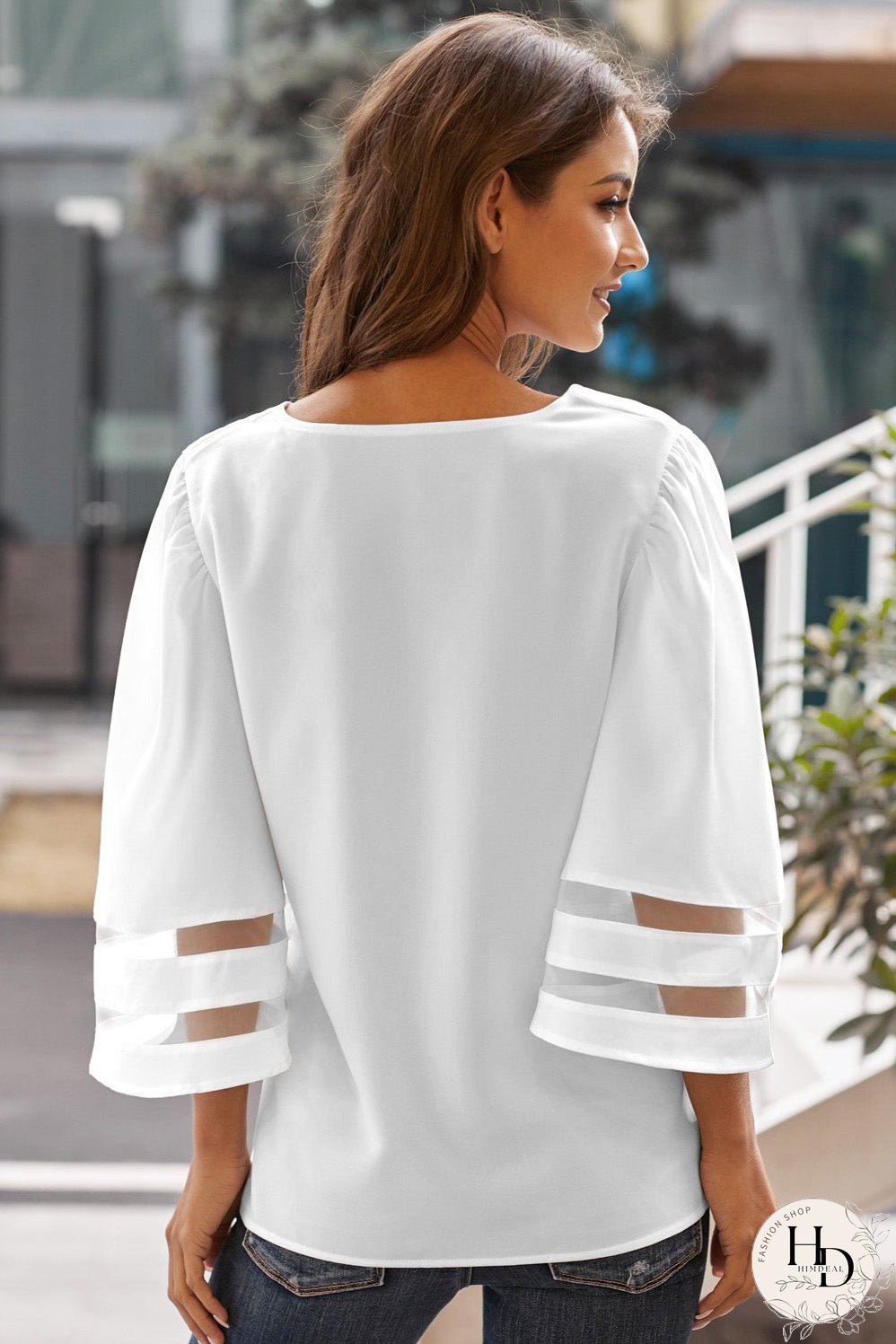 White Flare Sleeve V Neck Sheer Insert Blouse