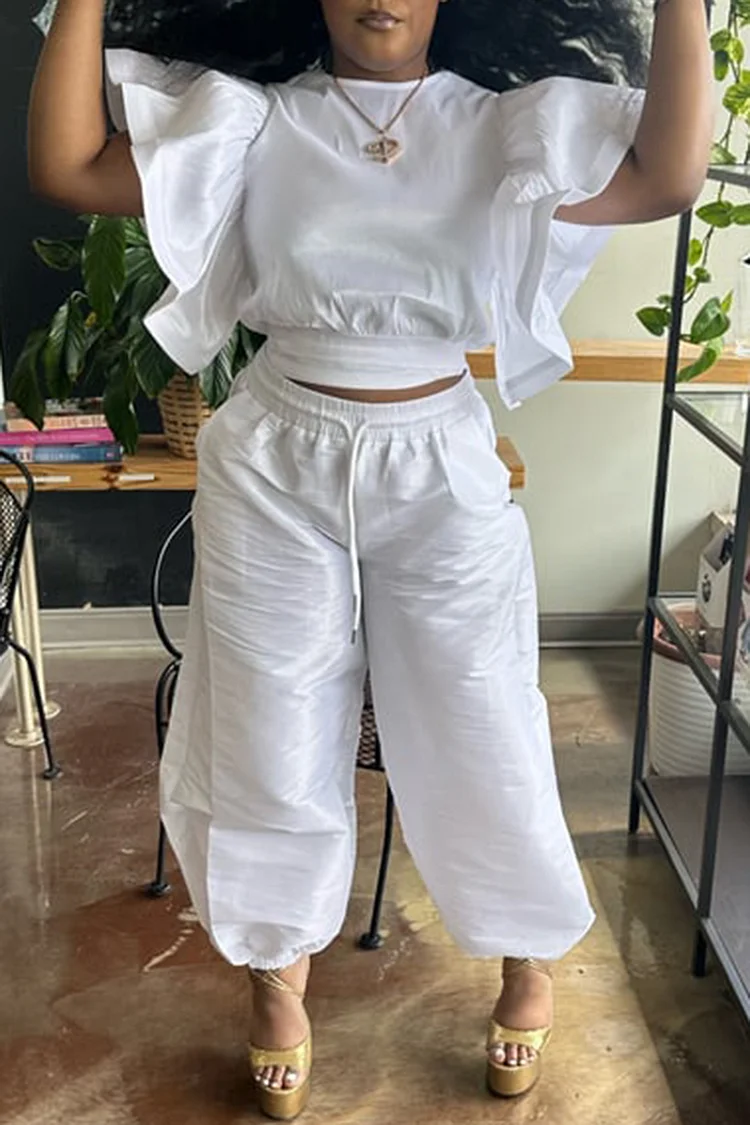 Plus Size Daily White Round Neck Flutter Sleeve Short Sleeve With Pocket Two Pieces Pant Sets [Pre-Order]