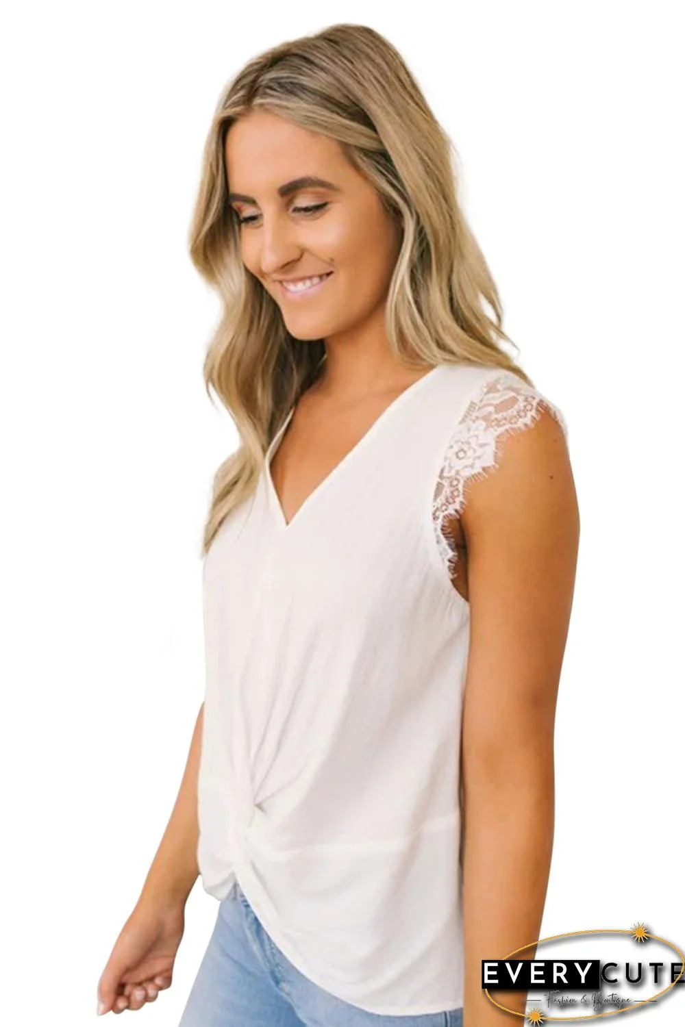 White Lace Cap Sleeve Twisted Knot Top
