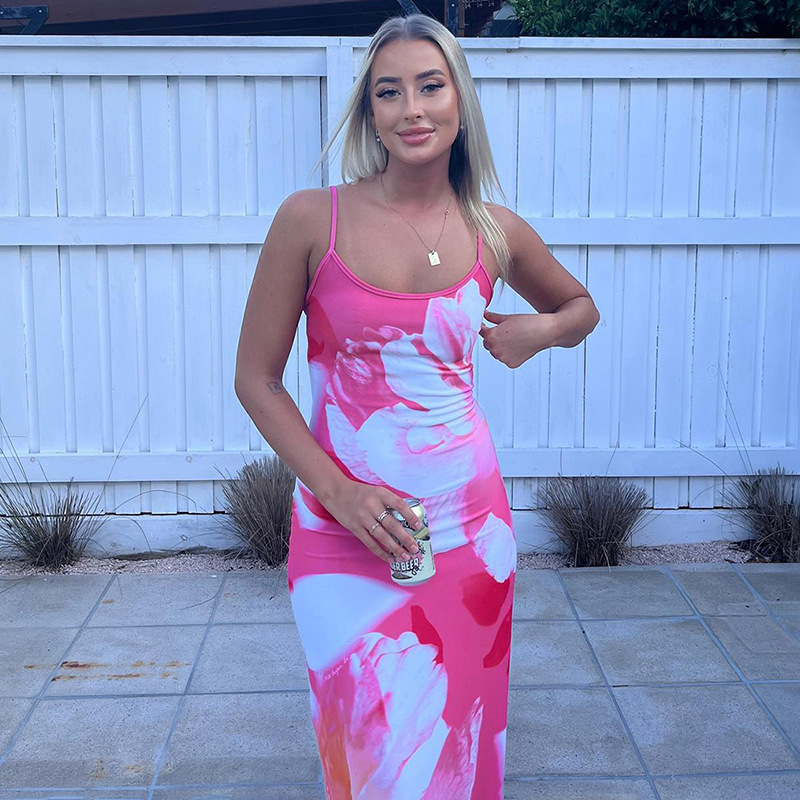 Ootddress Contrast Spaghetti Slim Maxi Dress Female Printed Off-Shoulder Fashion Holiday Beach Dress Patchwork Summer Party Dress