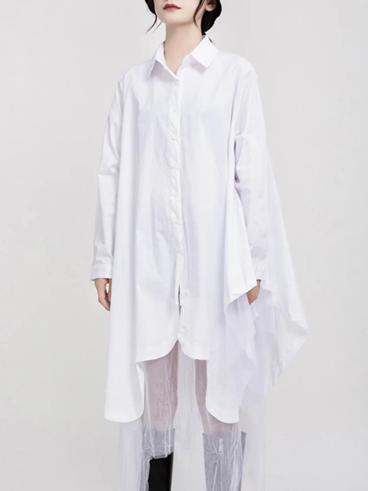 Design Loose Solid Color Lapel Patchwork Irregular Tulle Long Sleeve Dress  