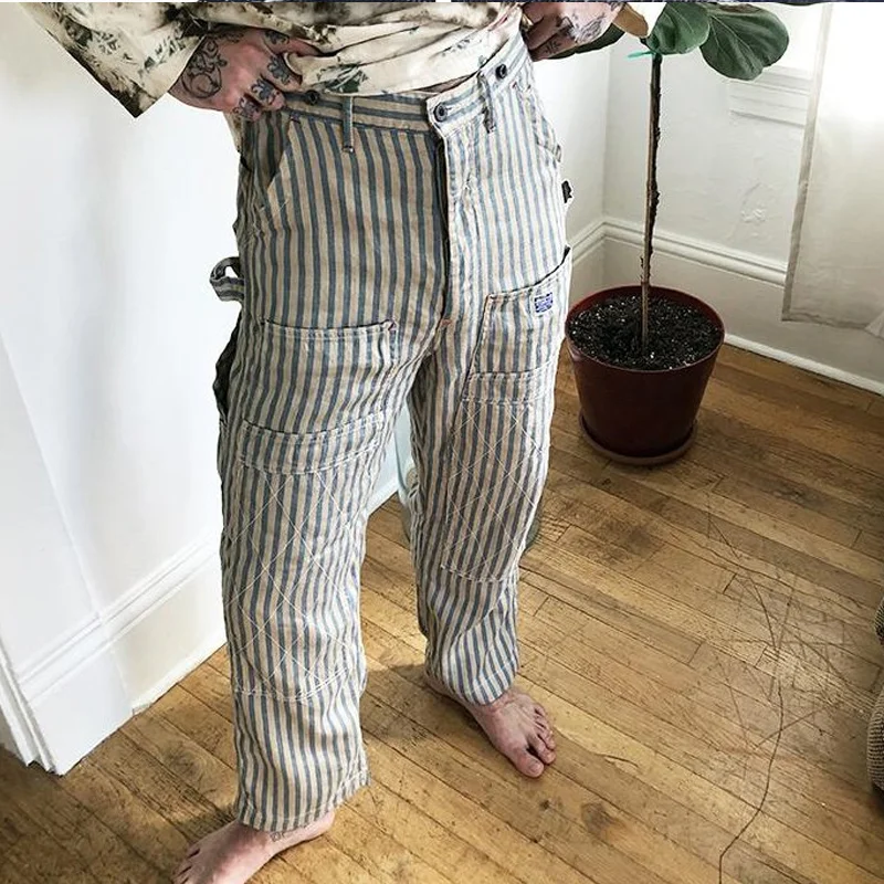 Vintage High-waist Striped Carpenter Pants