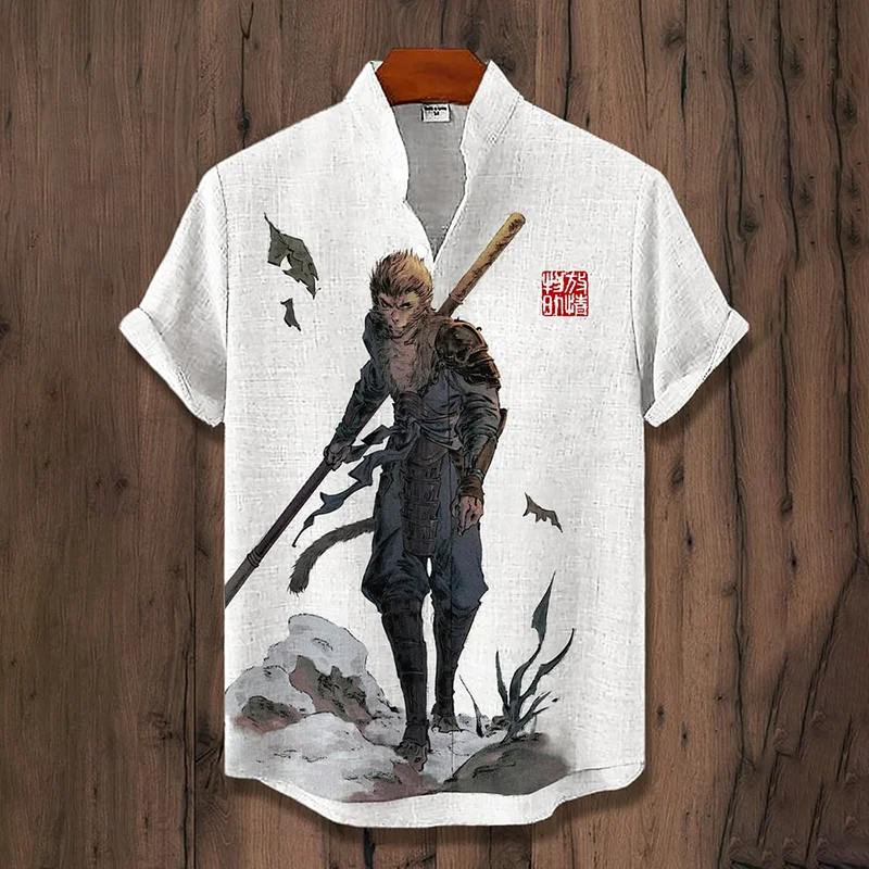 Men's Monkey King Black Myth Wukong Print Linen Blend Short Sleeve Shirt