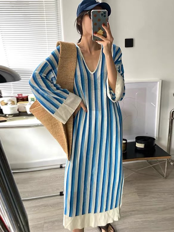 Blue and White Striped Knit Dress