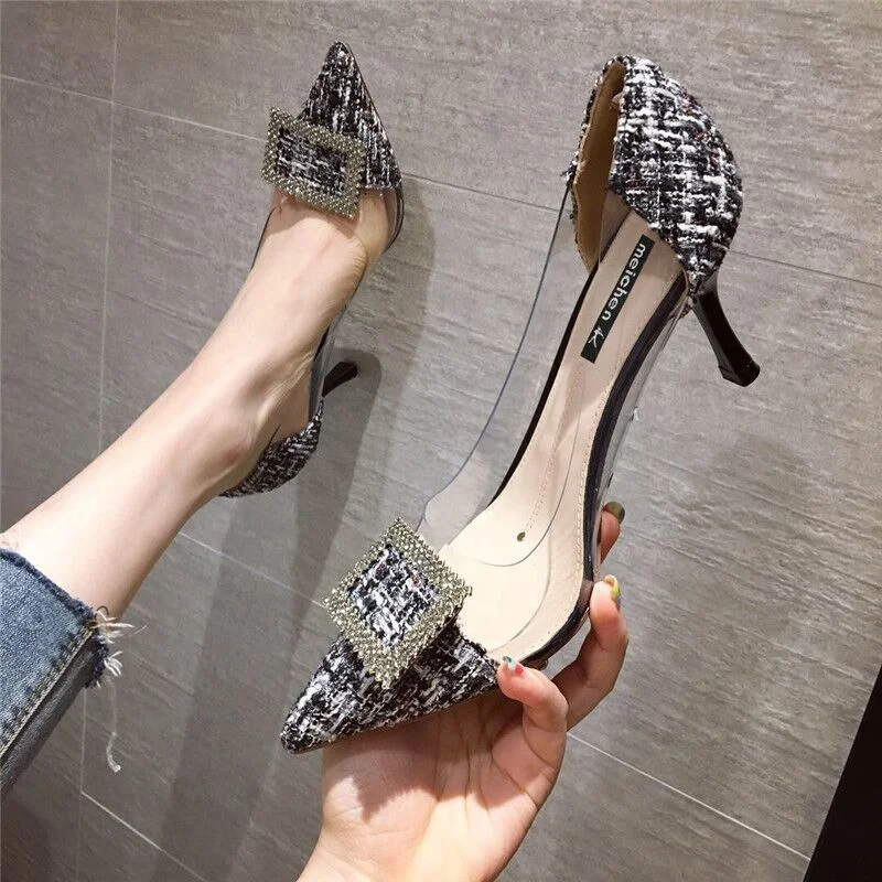 Qengg Girl High Heels Women's Stiletto Pumps Mixed Color All-match Rhinestone Buckle Transparent Pointed Sexy Party Dress Shoes
