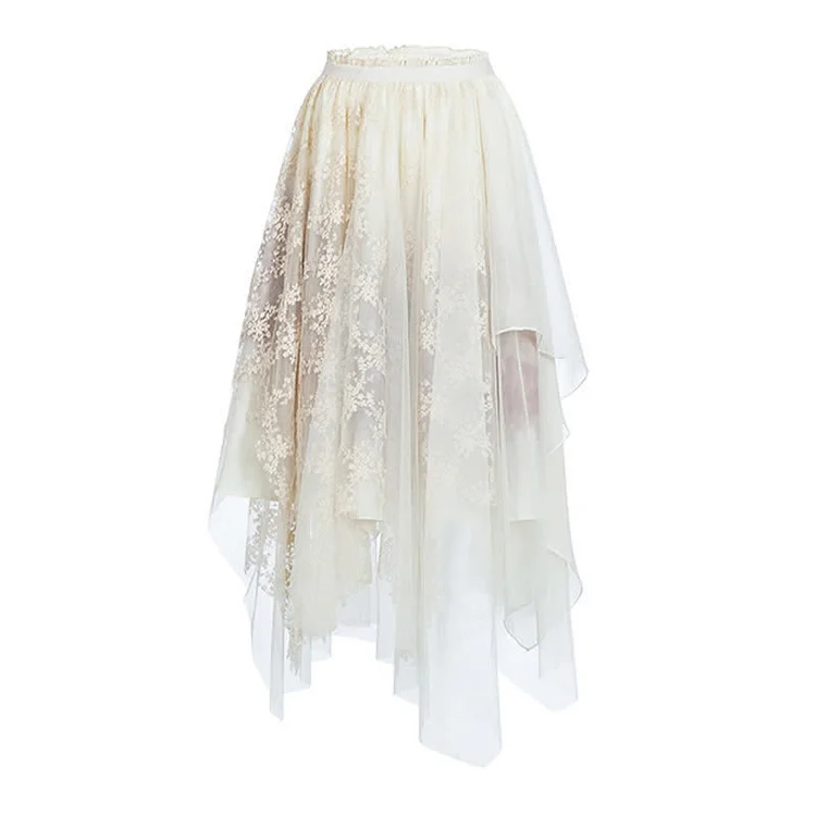 Irregular Floral Embroidery Lace Tulle Skirt - Modakawa modakawa