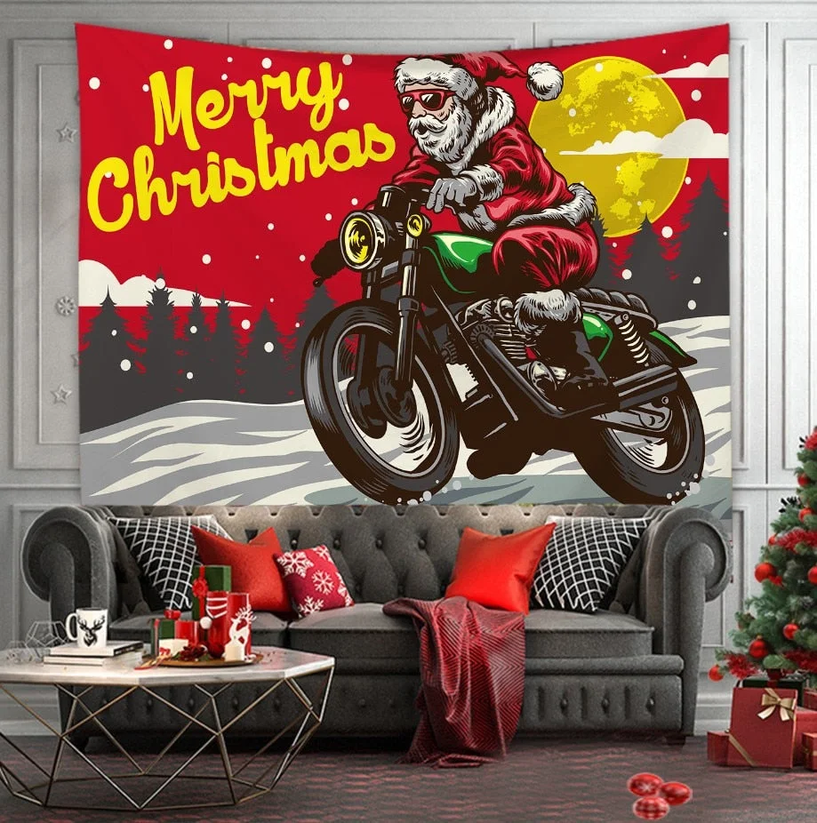 Christmas Tree Print Tapestry Wall Hanging Background Cloth Decor Red Santa Claus Polyester Tapestry Home Room Wall Decoration