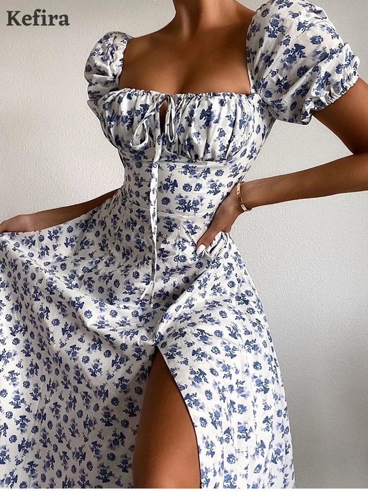 Kefira Sexy Floral Print Dress Women Short Puff Sleeve Ruched Drawstring Sundress Elegant High Split Vintage Casual Maxi Dresses