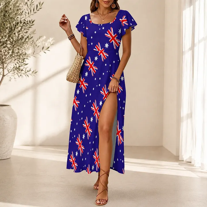 SFneewho® Women U-neck Maxi Dresses Australia Australian Flag Colors Elements Boho Split Sundress Cap Sleeve Flowy Beach Dress