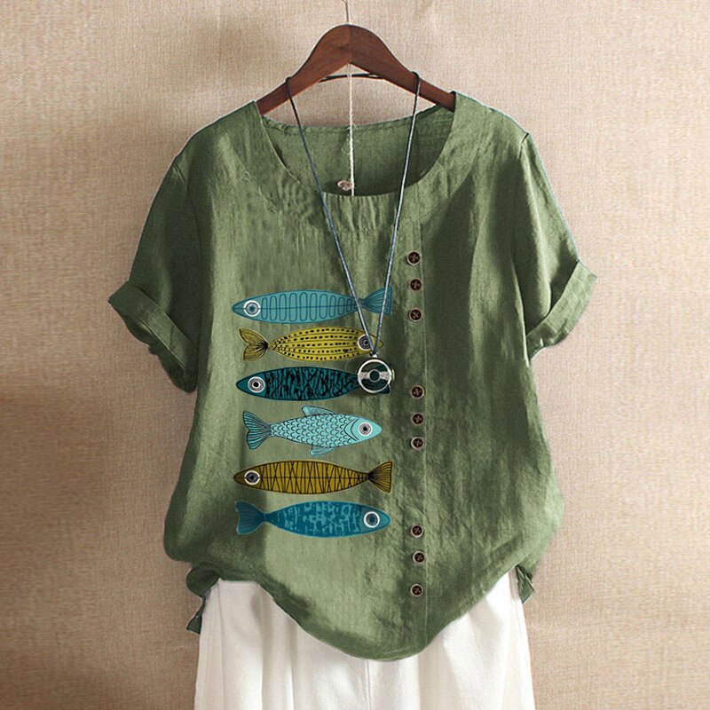 Women's Shirt Blouse Elegant Summer Short Sleeve Tee Shirts Button Cotton Blusa Female Vintage Tops Ladies Printed Plus Size 5XL