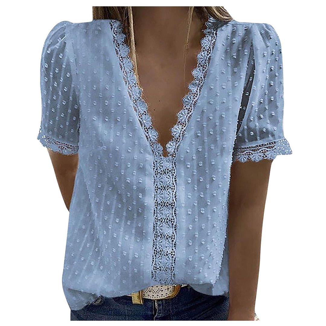 High Quality Large Size Lace Women Blouses 2021 Summer Cotton Women Blouse Fashion Casual V-neck Short Sleeve Loose Women Shirts
