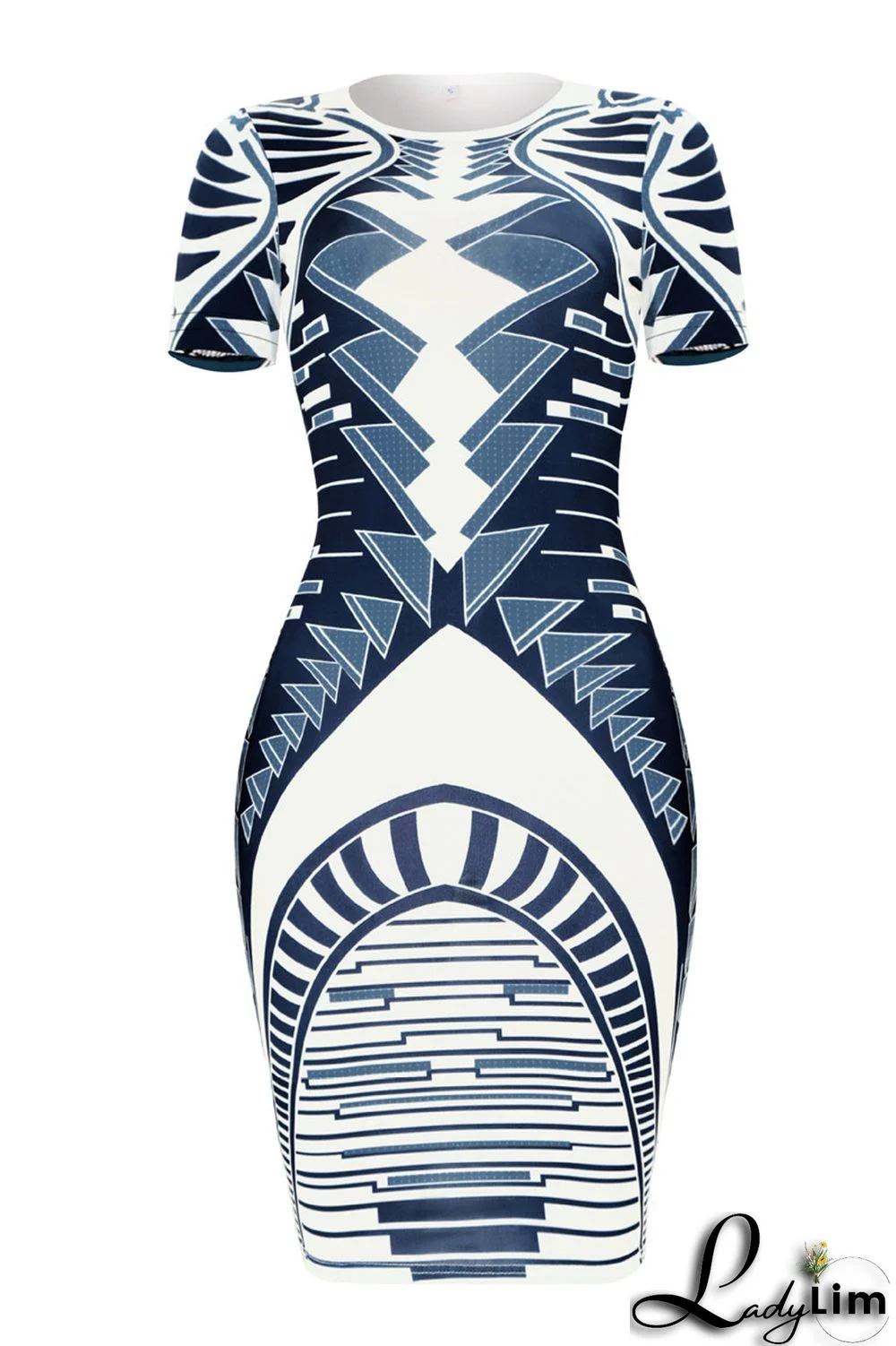 Blue Fashion Casual Print Basic O Neck Short Sleeve Dress