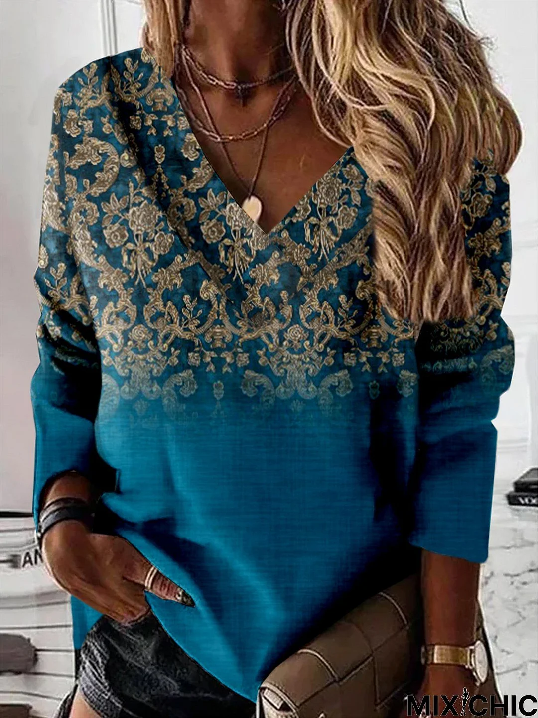 Ethnic Long Sleeve V Neck Casual Tunic Sweatshirt