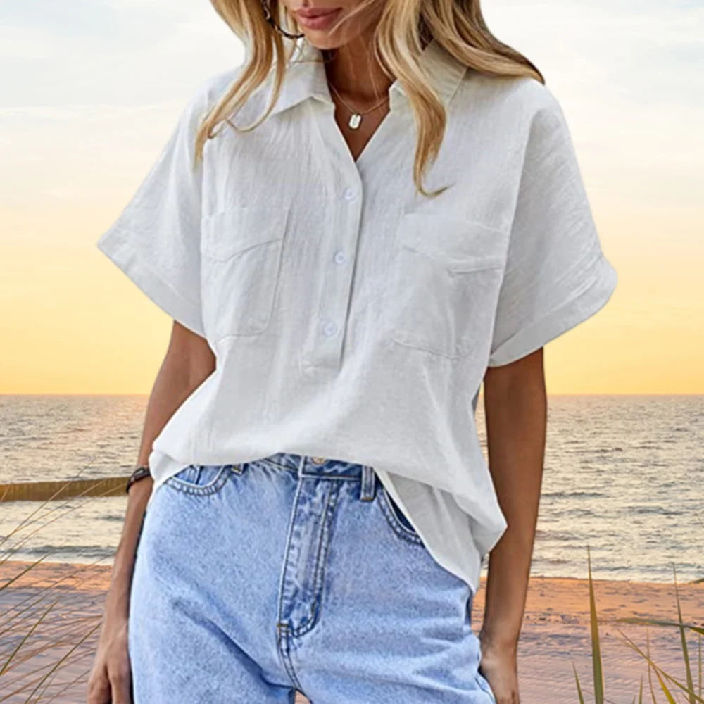 Smiledeer Summer new women's double pocket pullover cotton linen shirt